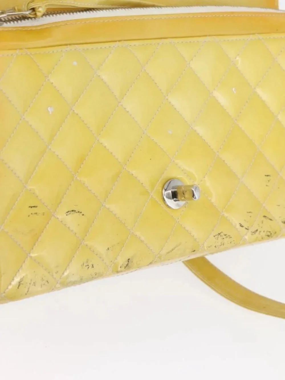 CHANEL Matelasse Backpack Patent leather Yellow Silver CC Auth 89374